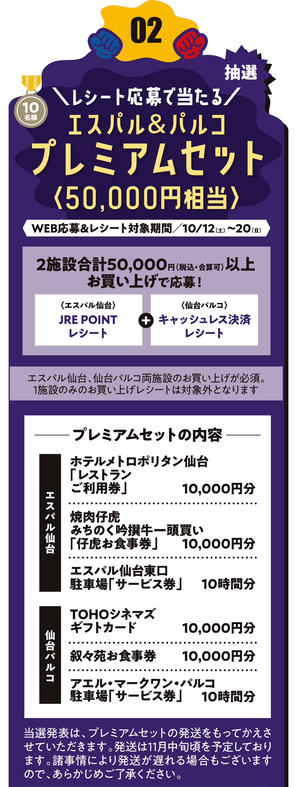 【キャンペーン02】
＼レシート応募で当たる／
エスパル&パルコ プレミアムセット〈50,000円相当〉
WEB応募&レシート対象期間／10/12（土）〜20（日）
エスパル仙台、仙台パルコ両施設のお買い上げが必須。1施設のみのお買い上げレシートは対象外となります